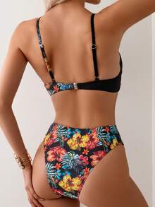 SHEIN Swim Women's Floral Printed Cross Back Design Two-Piece Bikini Set With Spaghetti Straps Summer Beach - Multicolor - View 2