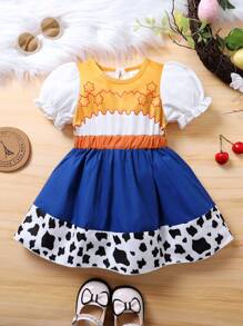 Elegante en zoete pofmouwen kleurblok sterren bedrukt patchwork koe bedrukte prinsessenjurk voor babymeisjes, perfect voor zomerfeesten, vakanties en vrijetijdskleding