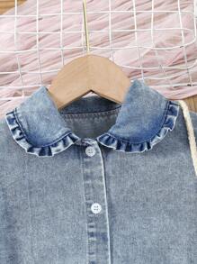 女童（小）休閒舒適簡約蕾絲邊領短袖牛仔上衣