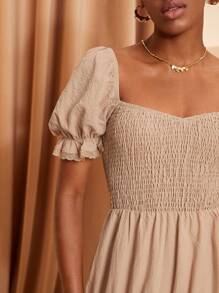 BELEN RODRIGUEZ Designer Women's Solid Color Puff Sleeve Shirred Dress, Summer Elegant Dress, New Year Eve Outfit, For Holiday, Party, Thanksgiving, Vacation, Spring, Festival