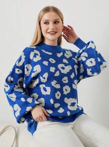 SHEIN Cottnline Plus Size Women's Leopard Print Drop Shoulder Sweater Pullover - Royal Blue - View 3