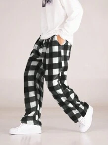 Manfinity EZcore Men's Gingham Pattern Slant Pocket Pants, For Fall Winter - Black and White - View 3