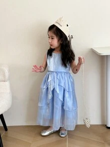 SHEIN Young Girl Solid Color Ruffled Sleeveless Dress - Blue - View 5
