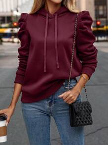 SHEIN Clasi Solid Gigot Sleeve Drawstring Hoodie Pullover Fall Sweatshirt - Burgundy - View 5