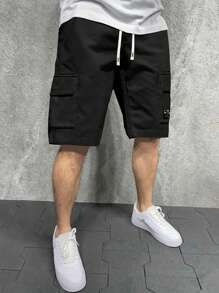 Men's Summer New Fashionable Letter Print Drawstring Waist Sports Cargo Shorts With Details,Bermuda Shorts