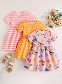 Young Girl's 3pcs/Set Round Neck Short Sleeve Dress With Allover Print - Multicolor - View 1