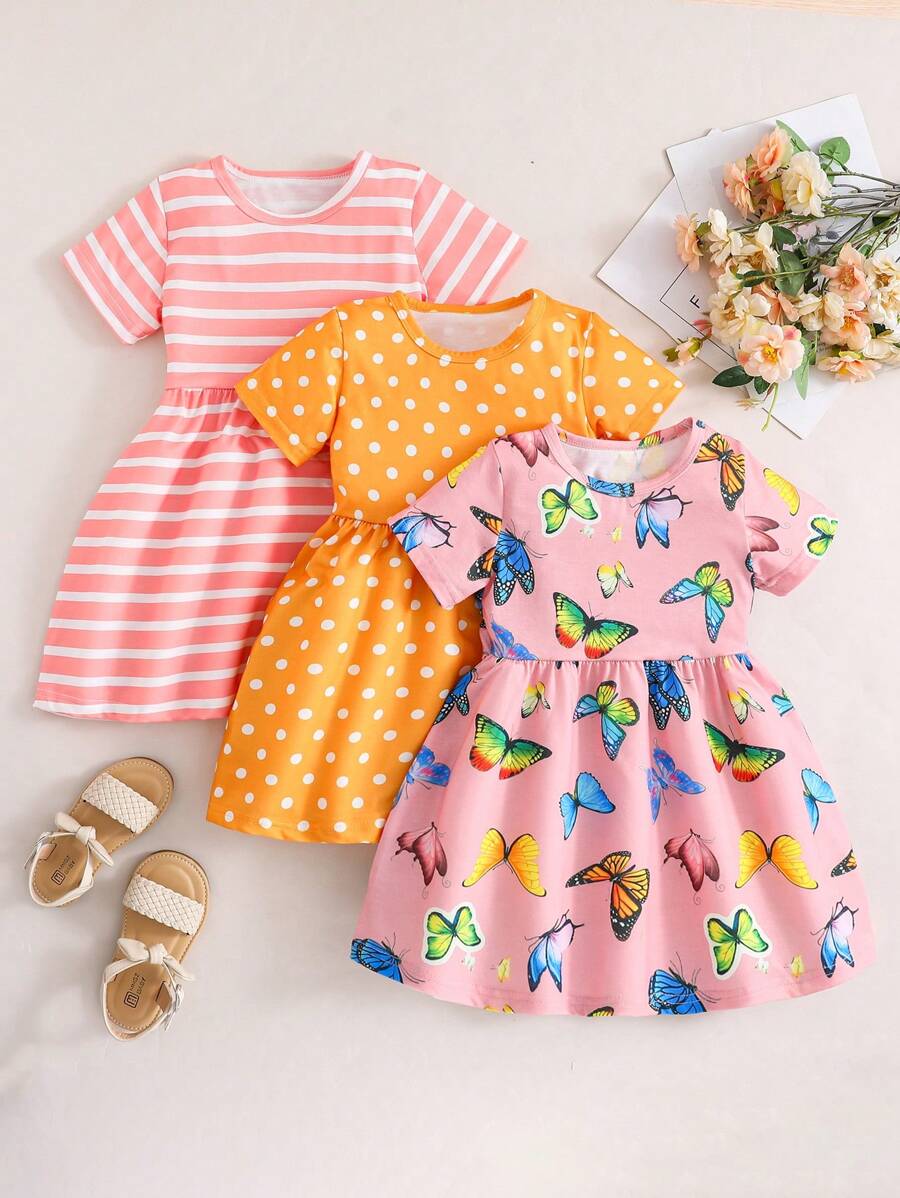 Young Girl's 3pcs/Set Round Neck Short Sleeve Dress With Allover Print - Multicolor - View 1