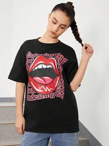 SHEIN Teen Girls' Casual Drop Shoulder T-Shirt With Big Mouth Printed, Round Neck - Black - View 4