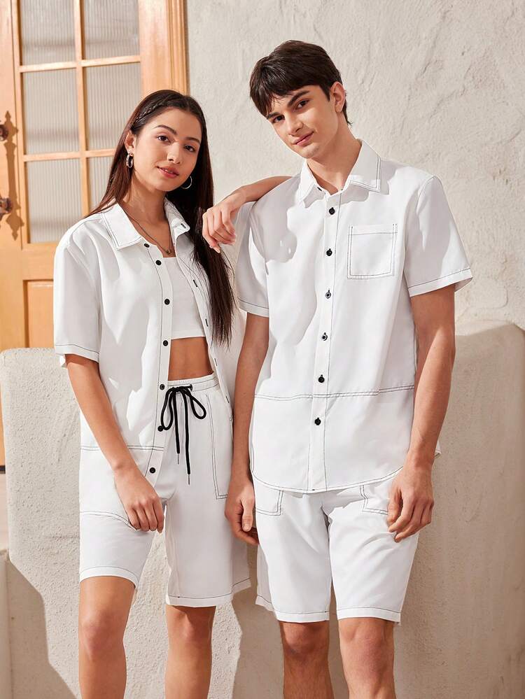 Men's Solid Color Knit Casual Shirt And Shorts Set