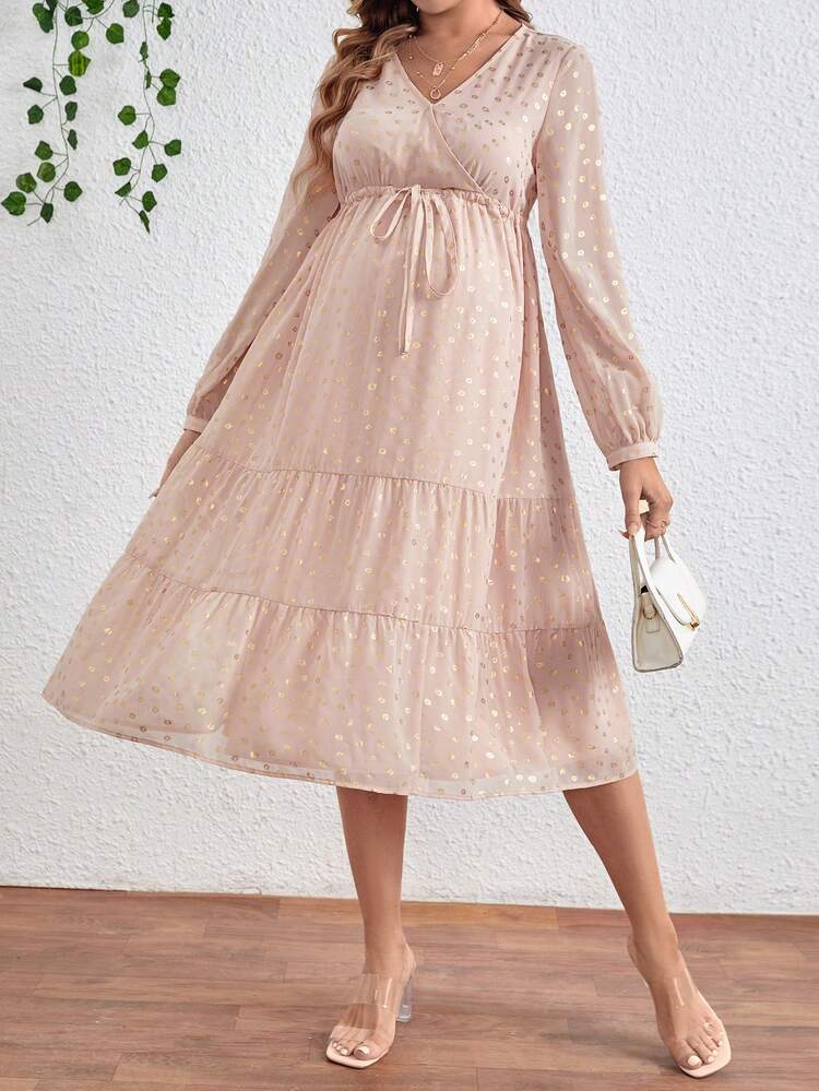 Maternity Surplice Neck Drawstring Waist Ruffle Hem Dress