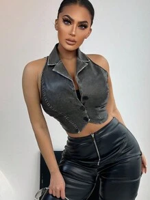 Zolique 1pc Women's Short Blazer Vest With Upward Button - Black - View 4