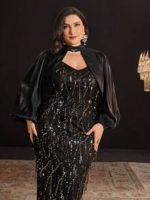 Modelyn Plus Size Sequined Spaghetti Strap Dress With A Lantern Sleeve Jacket Set 2 Piece Set
