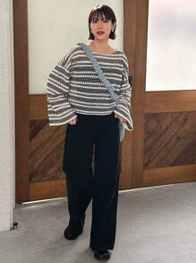 FRIFUL 女式条纹镂空上衣 长袖女式上衣 - 黑色 - 查看 2