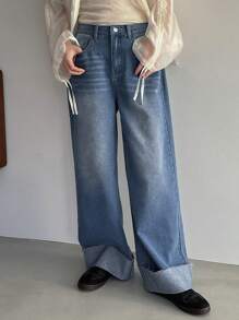 FRIFUL Flared Leg Denim Pants With Cuffed Hem,Baggy Jeans - Light Wash - View 4