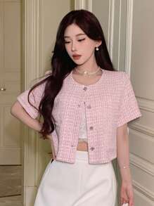 DAZY Women's Short-Sleeved Button-Up Jacket With Front Pockets - Pink - View 6