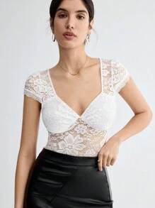 BizChic Söt Urringning Spets Kroppsuits Kontorsstil - Vitt - Visa 5