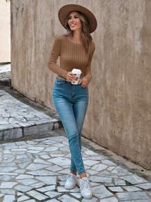 EURMUSE Solid Cable Knit Sweater - Khaki - View 5