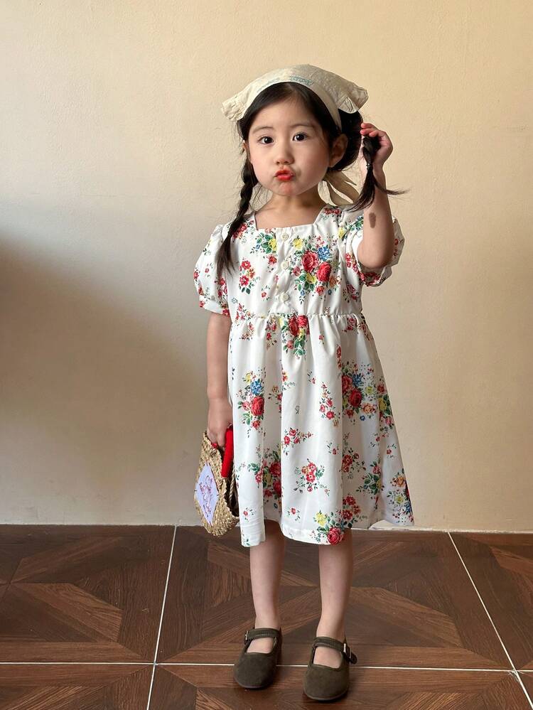 Young Girls' Floral Printed Puff Sleeve Square Neckline Dress