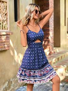 SHEIN VCAY Vintage Women's Printed Hollow Out Spaghetti Strap Dress - Multicolor - View 3