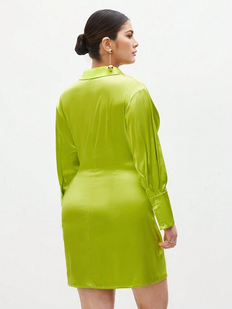 Plus Size Solid Color Turn-Down Collar Fashionable Belted Dress