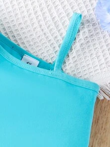 Little Girls' 3d Flower Embellished Asymmetrical Neck Blouse And Shorts Set - Baby Blue - View 3