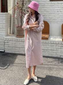DAZY 女士純色中長款襯衫連衣裙 - 淺粉色 - 查看 1