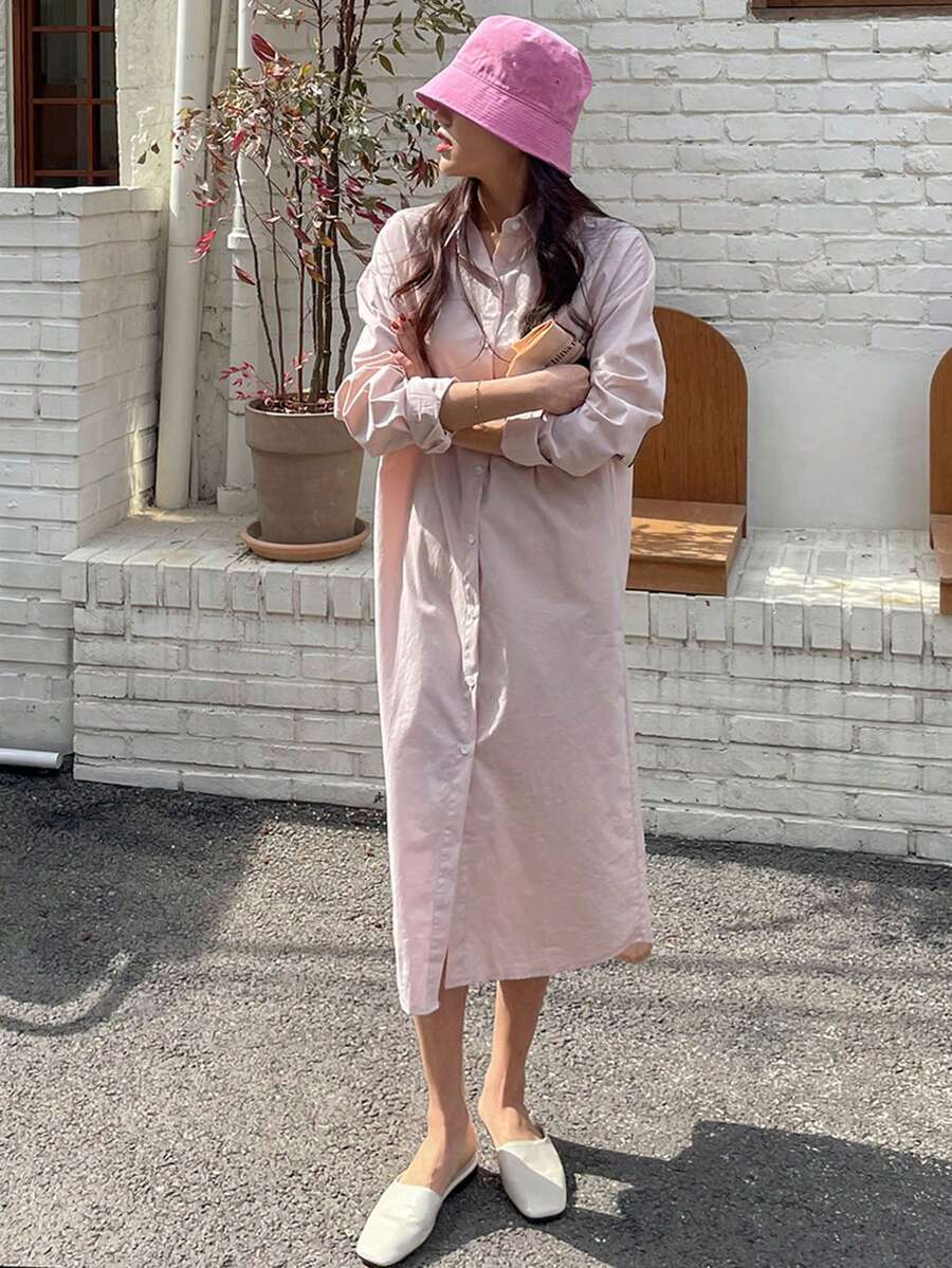 DAZY 女士純色中長款襯衫連衣裙 - 淺粉色 - 查看 1
