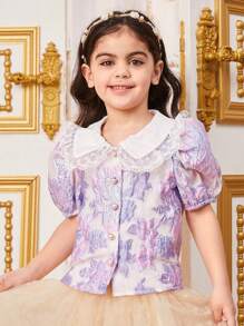 SHEIN 年轻女孩宽松休闲泡泡袖彼得潘领衬衫 - 紫色 - 查看 2