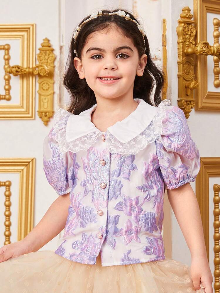 Young Girl's Loose Fit Casual Puff Sleeve Blouse With Peter Pan Collar