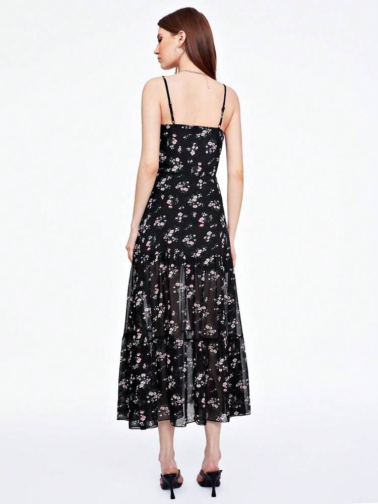Summer Women's Chiffon Floral Print Spaghetti Strap Black Dress