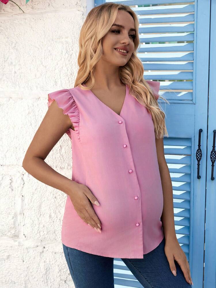 Maternity Women's Solid Color Button Front Shirt With Ruffle Trim