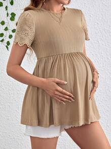 SHEIN Maternity Round Neck Hollow Out Embroidery Short Sleeve T-Shirt With Ruffle Hem - Khaki - View 3