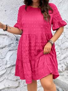 SHEIN LUNE Plus Size Bell Sleeve Smock Dress - Hot Pink - View 6