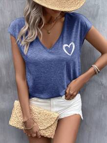 EMERY ROSE Women's Heart Printed V-Neck T-Shirt