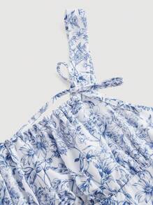 SHEIN MOD Váy ngày lễ lãng mạn in họa tiết sứ xẻ eo - Xanh và trắng - Xem 3