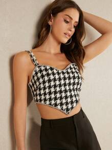 Hauture Houndstooth Rhinestone Trim Asymmetrical Hem Crop Cami Top - Black and White - View 1
