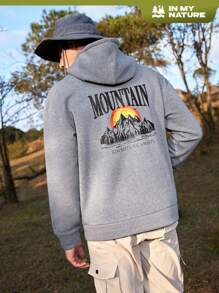 SHEIN In My Nature Sudadera De Exterior Con Capucha Y Cordón Con Estampado De Paisaje Y Letras Para Hombre - Gris - Ver 1