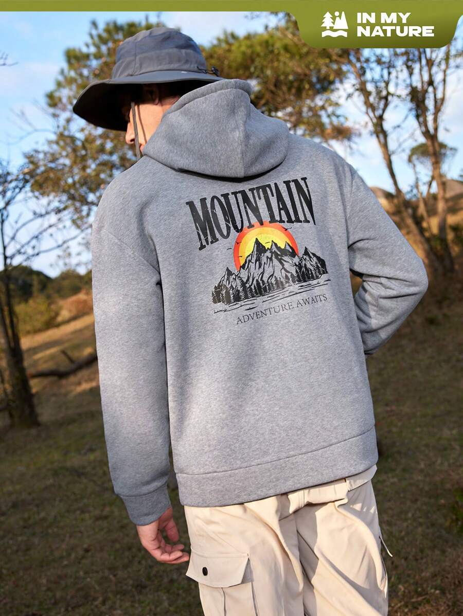 SHEIN In My Nature Sudadera De Exterior Con Capucha Y Cordón Con Estampado De Paisaje Y Letras Para Hombre - Gris - Ver 1