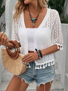 Breezaya Ladies' New Spring, Summer, Early Autumn Hollow Tassel Design Exudes A Sense Of Luxury And Casualness, French Elegance, Casual Versatility, Grand And Exquisite Quality, Gentle And Sexy Half Sleeved Knitted Pullover Top - White - View 4