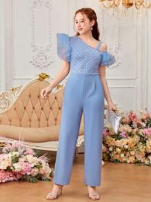 SHEIN 少女花卉珠繡分層荷葉舞袖斜肩連身褲 - 藍色 - 查看 5