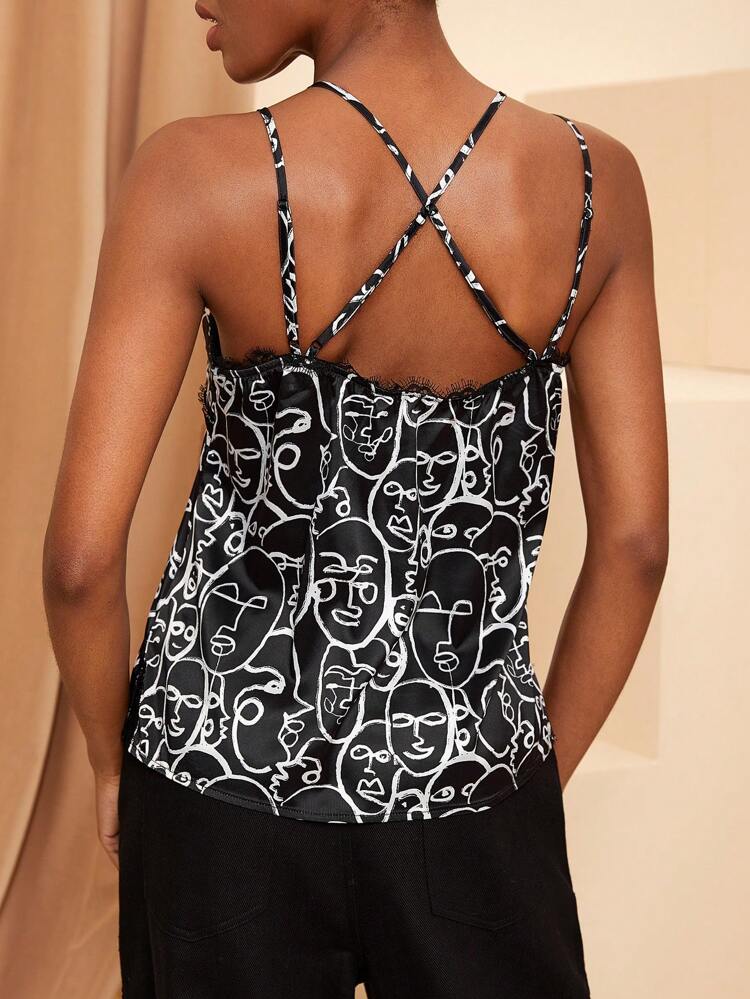 Designer Boho Bohemian Sleeveless Printed Lace Trim Satin Cami Top, For Summer, Holiday, Vacation, Spring, Beach, Going Out, Festival, Ibiza Fits