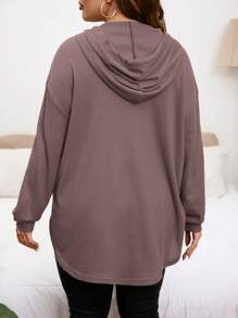 SHEIN Privé Plus Size Solid Color Hooded Drawstring Asymmetrical Hem Sweatshirt In Fall/Winter - Dusty Pink - View 2