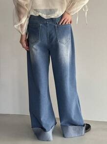 FRIFUL Flared Leg Denim Pants With Cuffed Hem,Baggy Jeans - Light Wash - View 5