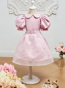 SHEIN Tween Girls' Cute Peter Pan Collar Bubble Sleeve Blouse And Skirt Set - Pink - View 1