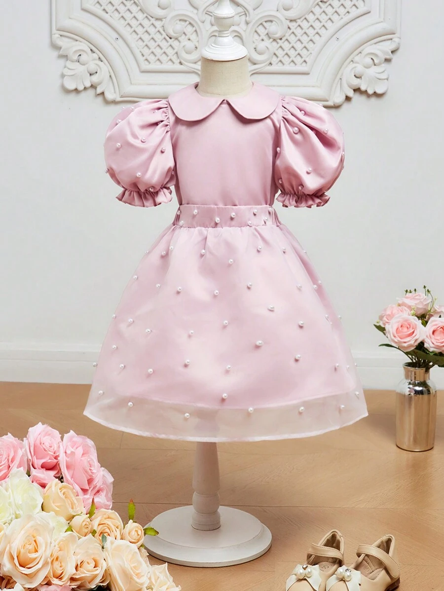SHEIN Tween Girls' Cute Peter Pan Collar Bubble Sleeve Blouse And Skirt Set - Pink - View 1