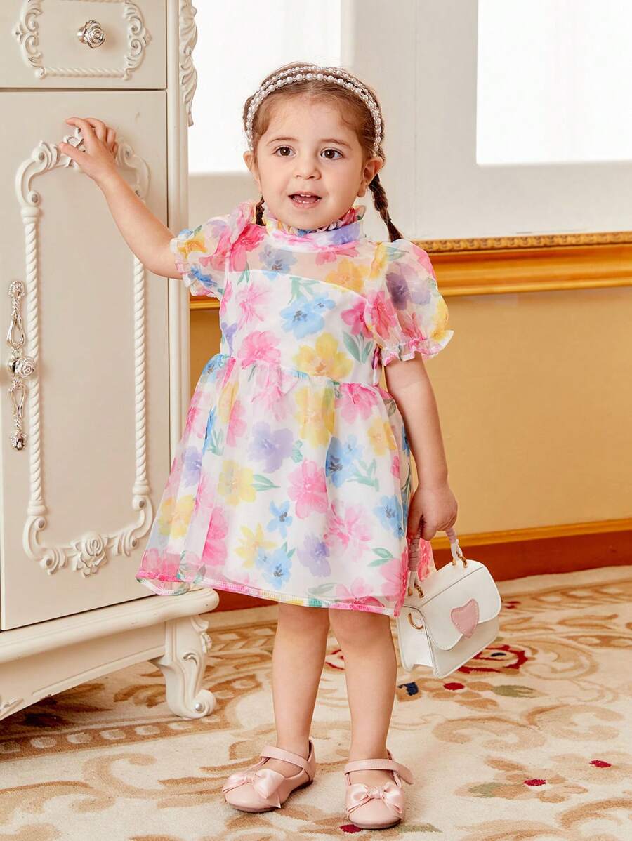 Váy cưới mùa xuân/hè bé gái có lưới, in hoa và tay phồng, thanh lịch//Tuyệt đẹp/Dễ thương/giản dị - Nhiều màu - Xem 1