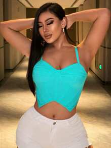 SHEIN SXY Corpete corselet curto sem mangas azul gota de muito elástico, alto padrão sexy de dia dos namorados para sutiã ajustável com tiras de ombro apertadas sedosas. - Azul cadete - Visão 3