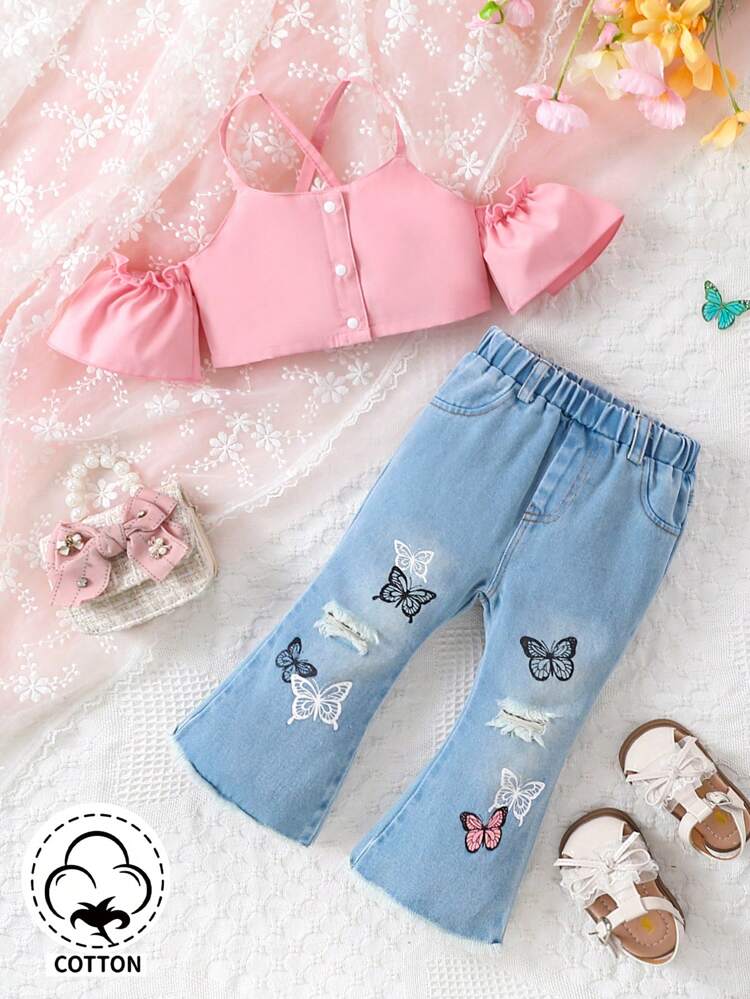 Baby Girl Pink Tank Top And Butterfly Printed Flared Jeans, Elegant And Lovely