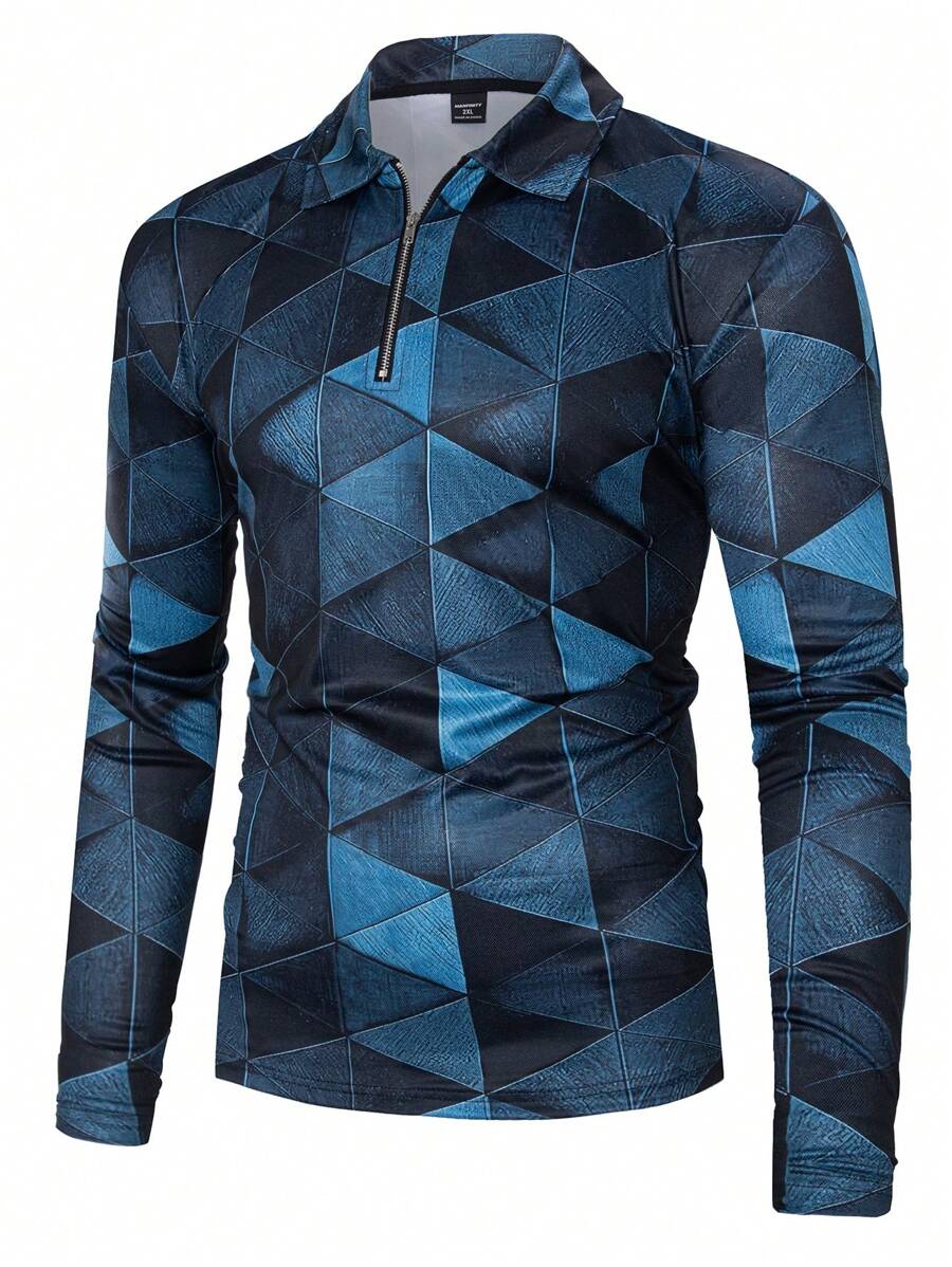 Manfinity Mode Men's Plus Size Long Sleeve Polo Shirt With Geometric Print - Dusty Blue - View 1