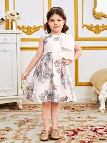 SHEIN Young Girl Leisure Round Neck Bow Decor & Bowknot Print Patchwork Dress - White - View 6